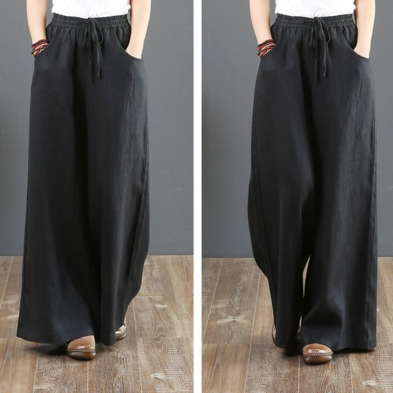 Suzan™ I Pantalon taille haute simple en coton et lin pour femmes, jambes larges