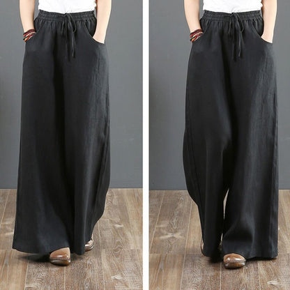 Suzan™ I Pantalon taille haute simple en coton et lin pour femmes, jambes larges