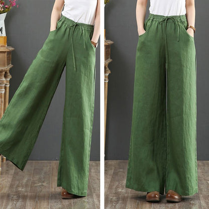 Suzan™ I Pantalon taille haute simple en coton et lin pour femmes, jambes larges