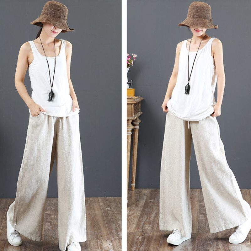 Suzan™ I Pantalon taille haute simple en coton et lin pour femmes, jambes larges