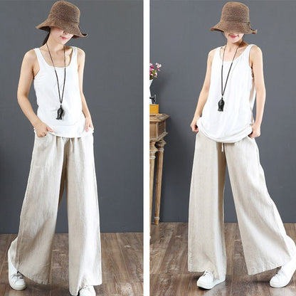 Suzan™ I Pantalon taille haute simple en coton et lin pour femmes, jambes larges