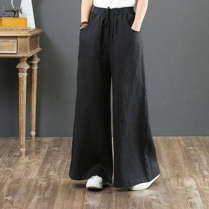 Suzan™ I Pantalon taille haute simple en coton et lin pour femmes, jambes larges