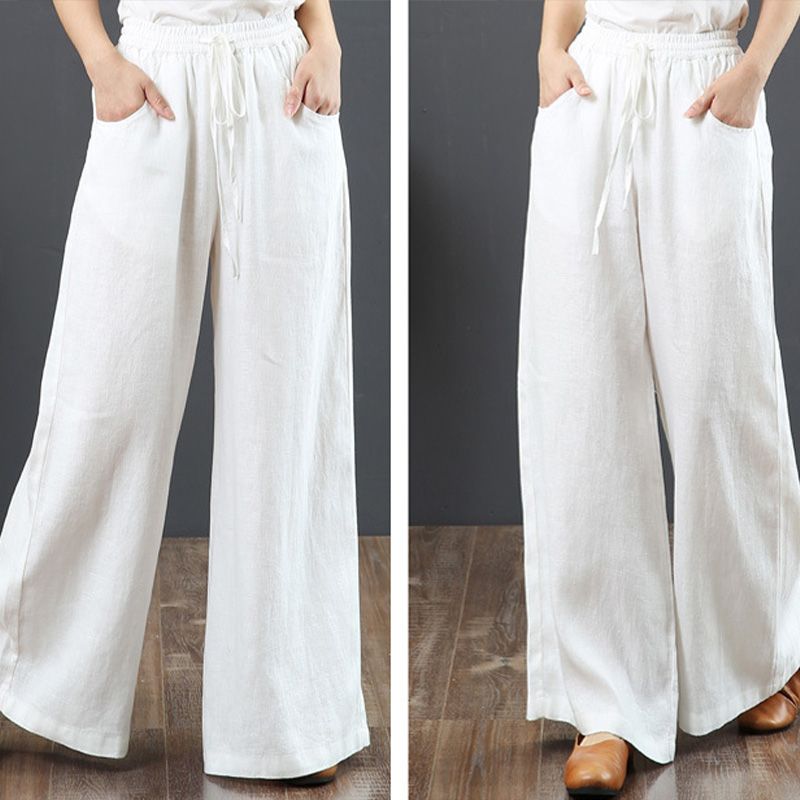 Suzan™ I Pantalon taille haute simple en coton et lin pour femmes, jambes larges