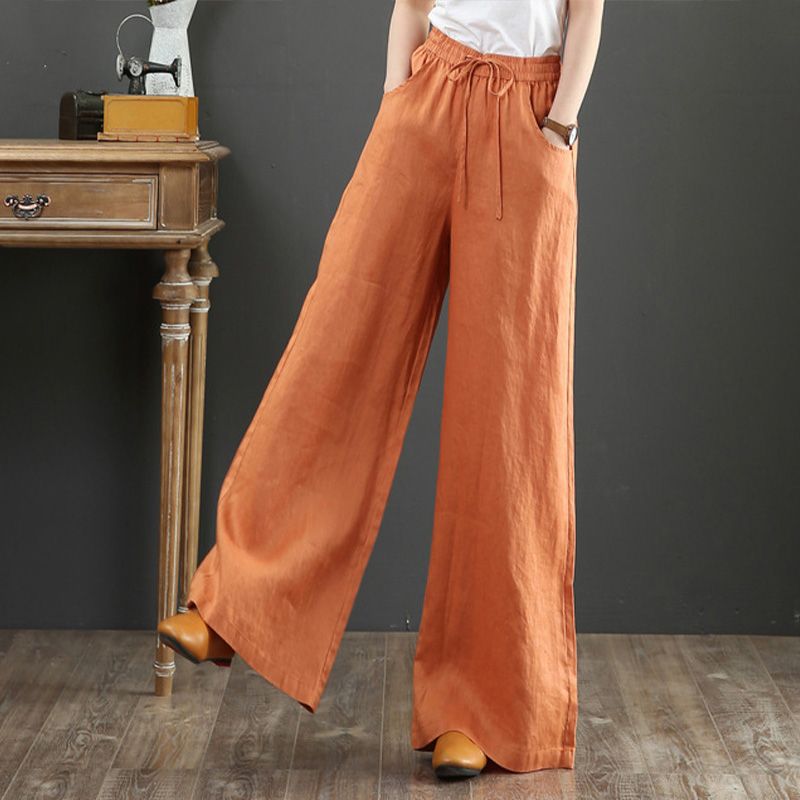 Suzan™ I Pantalon taille haute simple en coton et lin pour femmes, jambes larges