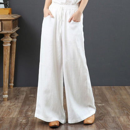 Suzan™ I Pantalon taille haute simple en coton et lin pour femmes, jambes larges