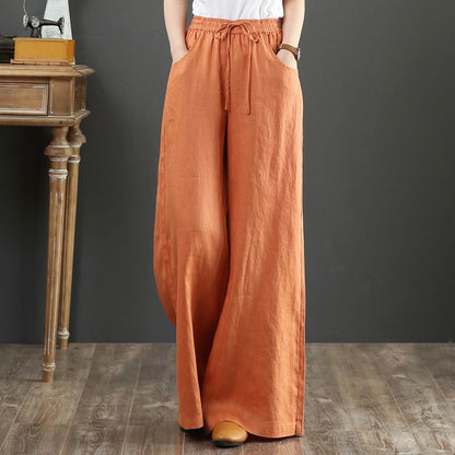 Suzan™ I Pantalon taille haute simple en coton et lin pour femmes, jambes larges