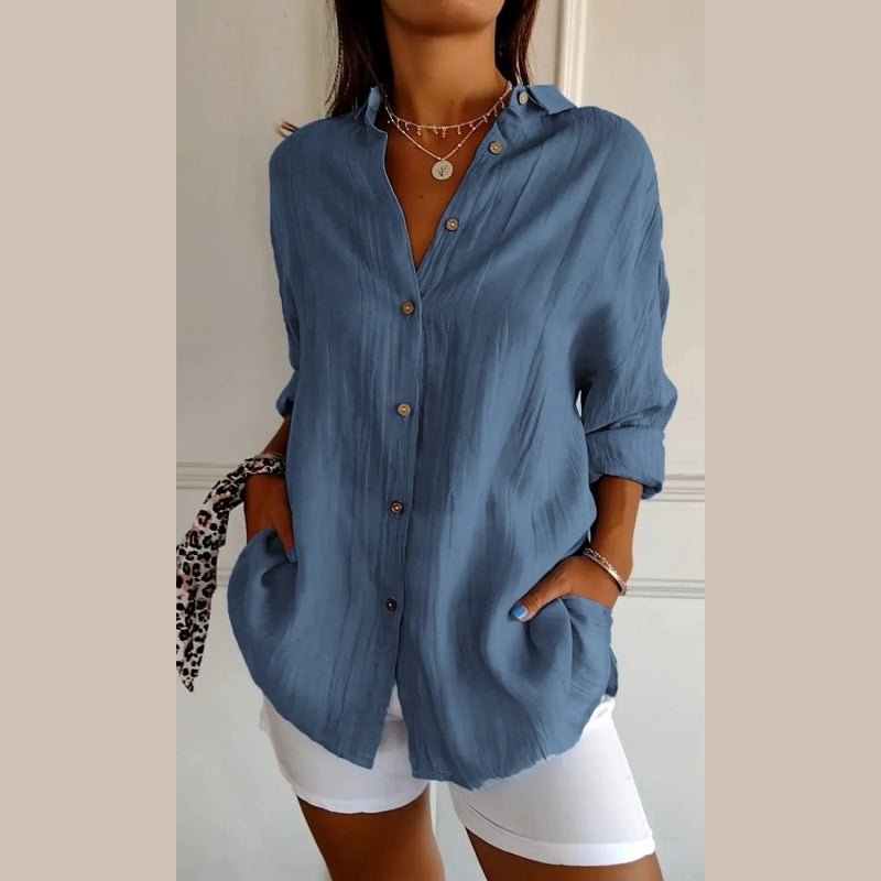 Chemise classique plissée avec texture et col simple pour femme