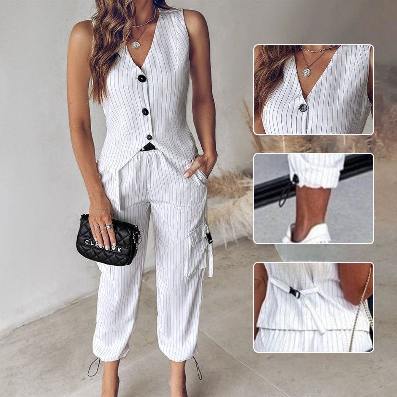 Ensemble 2 Pièces - Gilet avec Pantalon Imprimé Rayé pour Femmes