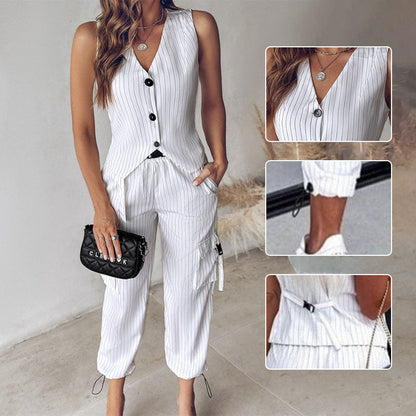 Ensemble 2 Pièces - Gilet avec Pantalon Imprimé Rayé pour Femmes