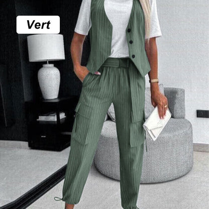 Ensemble 2 Pièces - Gilet avec Pantalon Imprimé Rayé pour Femmes