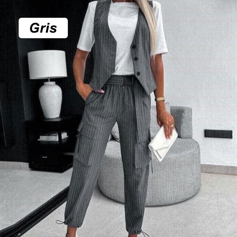 Ensemble 2 Pièces - Gilet avec Pantalon Imprimé Rayé pour Femmes