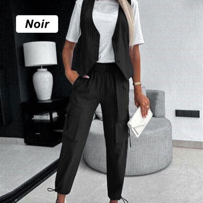 Ensemble 2 Pièces - Gilet avec Pantalon Imprimé Rayé pour Femmes