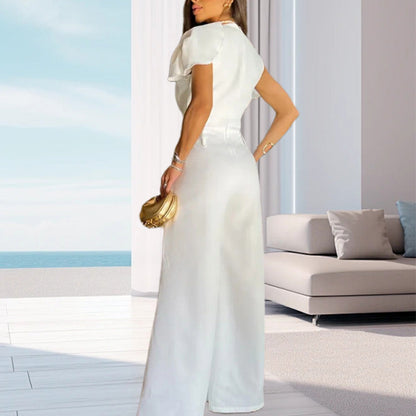 Costume pantalon à jambes larges et taille creuse pour femme, couleur unie