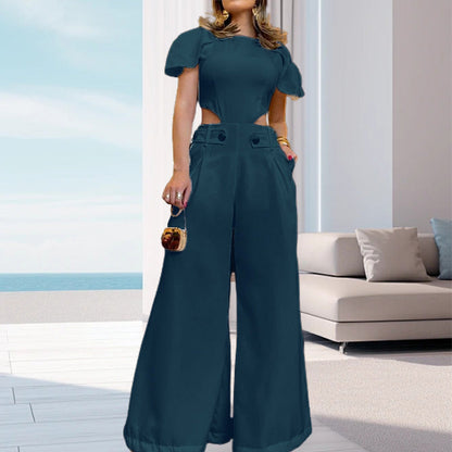 Costume pantalon à jambes larges et taille creuse pour femme, couleur unie
