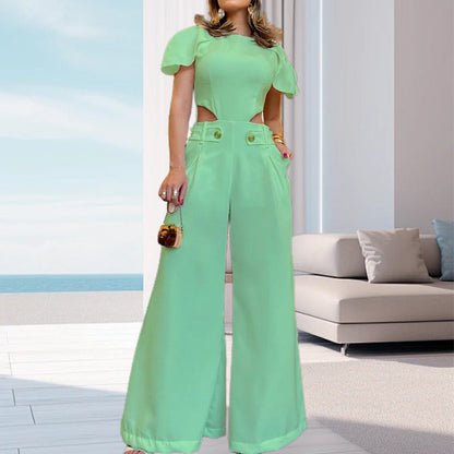 Costume pantalon à jambes larges et taille creuse pour femme, couleur unie