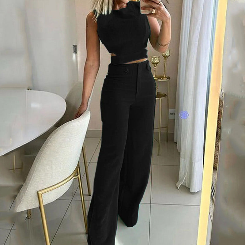 Ensemble deux pièces pour femmes: ensemble haut sans manches + pantalon de couleur unie