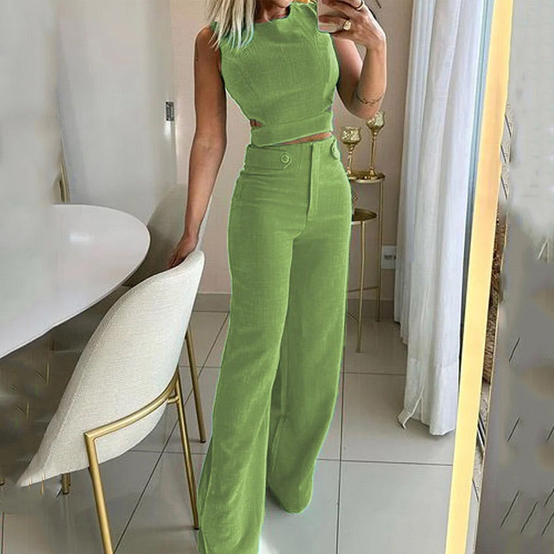 Ensemble deux pièces pour femmes: ensemble haut sans manches + pantalon de couleur unie