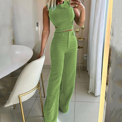 Ensemble deux pièces pour femmes: ensemble haut sans manches + pantalon de couleur unie