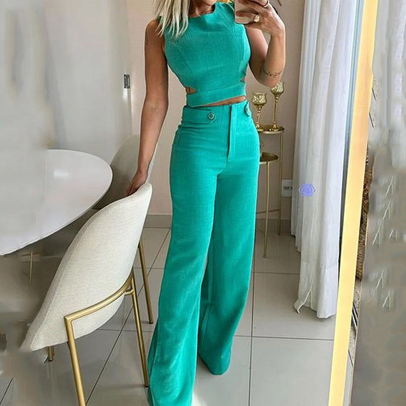 Ensemble deux pièces pour femmes: ensemble haut sans manches + pantalon de couleur unie