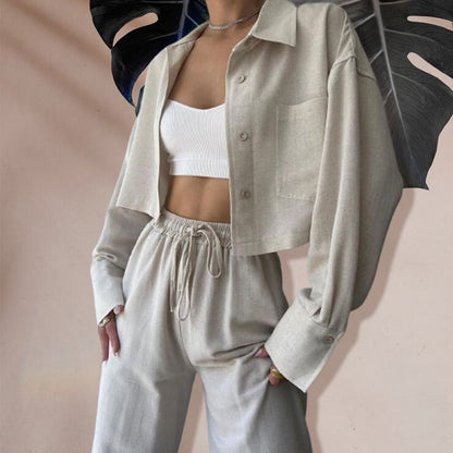Ensemble 2 pièces : Haut Court de Couleur Unie et Pantalon à Cordon