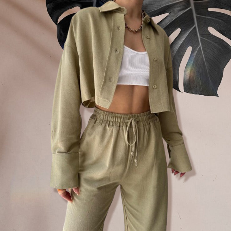 Ensemble 2 pièces : Haut Court de Couleur Unie et Pantalon à Cordon