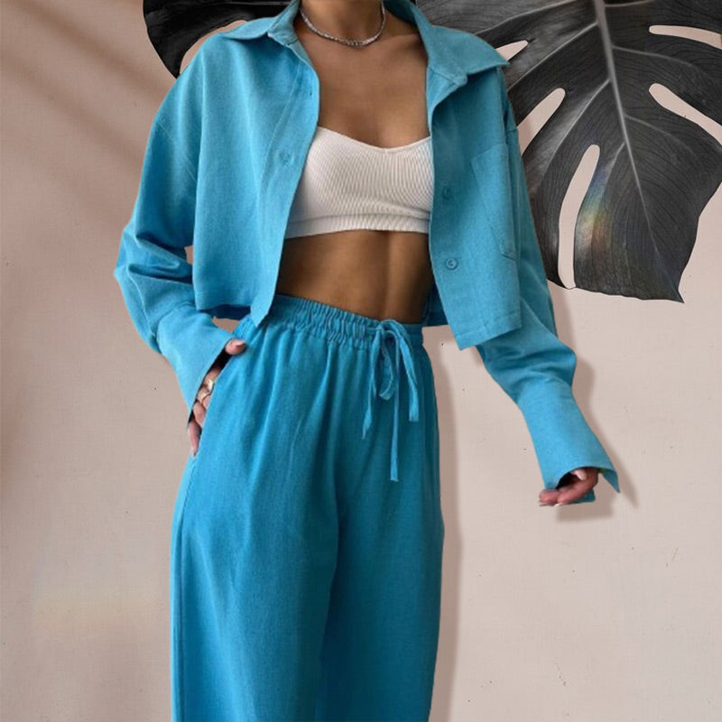 Ensemble 2 pièces : Haut Court de Couleur Unie et Pantalon à Cordon