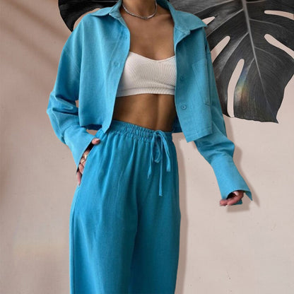 Ensemble 2 pièces : Haut Court de Couleur Unie et Pantalon à Cordon