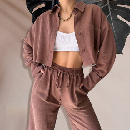 Ensemble 2 pièces : Haut Court de Couleur Unie et Pantalon à Cordon