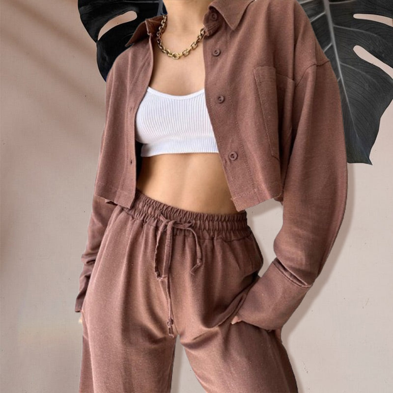 Ensemble 2 pièces : Haut Court de Couleur Unie et Pantalon à Cordon