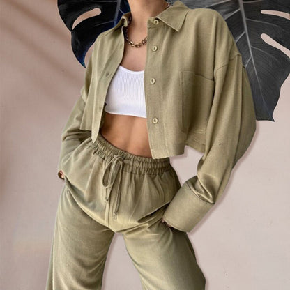 Ensemble 2 pièces : Haut Court de Couleur Unie et Pantalon à Cordon