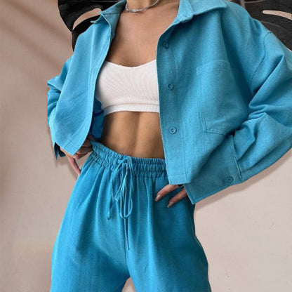 Ensemble 2 pièces : Haut Court de Couleur Unie et Pantalon à Cordon