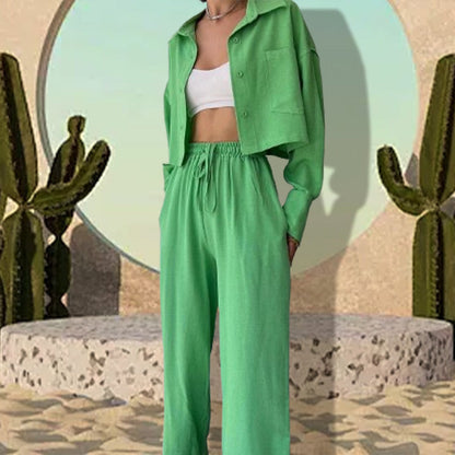 Ensemble 2 pièces : Haut Court de Couleur Unie et Pantalon à Cordon