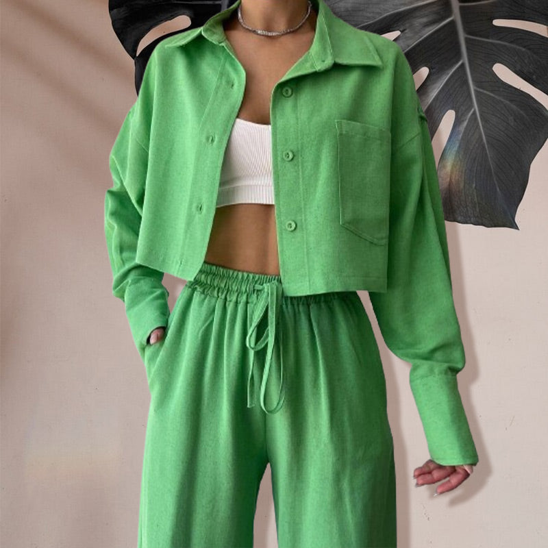 Ensemble 2 pièces : Haut Court de Couleur Unie et Pantalon à Cordon