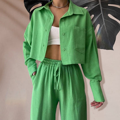 Ensemble 2 pièces : Haut Court de Couleur Unie et Pantalon à Cordon