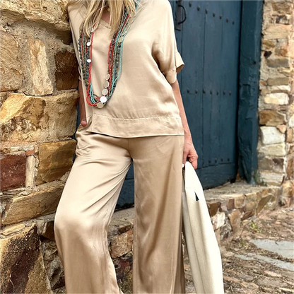 Ensemble deux pièces haut manches courtes col V + pantalon large