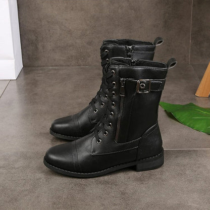 Bottes en Cuir Vintage à Brides Mi-hauteur pour Femme