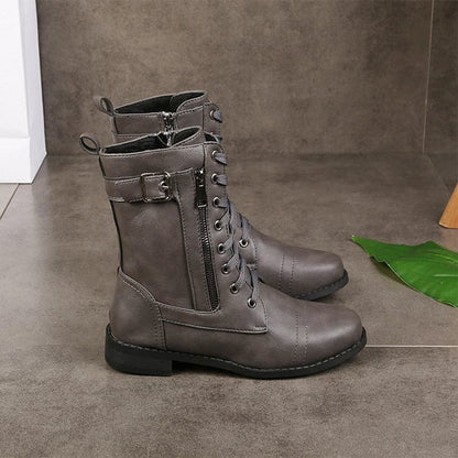 Bottes en Cuir Vintage à Brides Mi-hauteur pour Femme