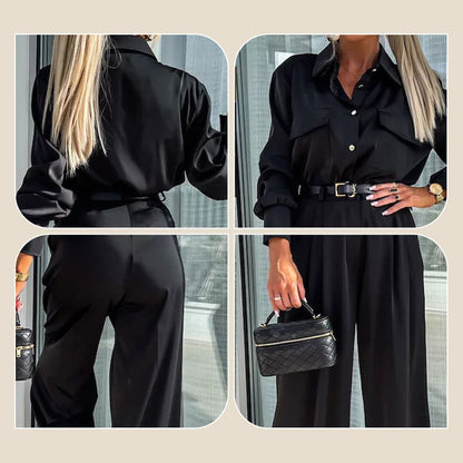 Ensemble 2 Pièces Décontracté pour Femmes : Chemise à Manches Longues et Pantalon Ample