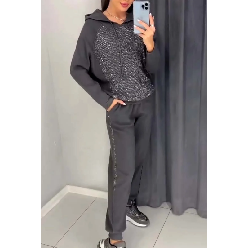Sweat-shirt à capuche et pantalon de jogging à revers pour femme (ensemble 2 pièces)