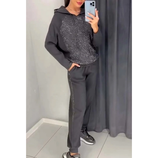 Sweat-shirt à capuche et pantalon de jogging à revers pour femme (ensemble 2 pièces)