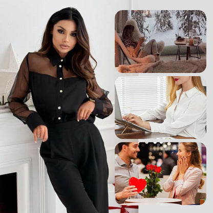 Chemise boutonnée à revers en maille transparente pour femme