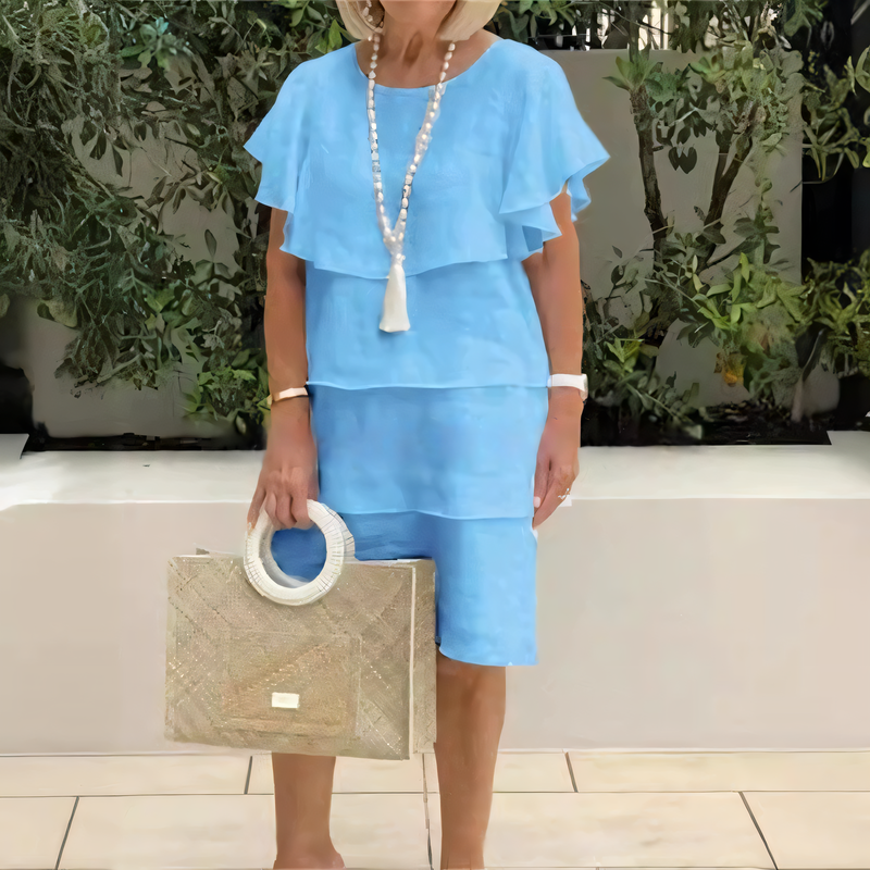 Sibel™ - Robe en chiffon à manches courtes, longueur genou avec volants
