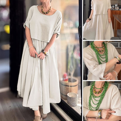 Fiorenza™ - Ensemble deux pièces coton et lin à col rond, chemisier et jupe, pour femmes