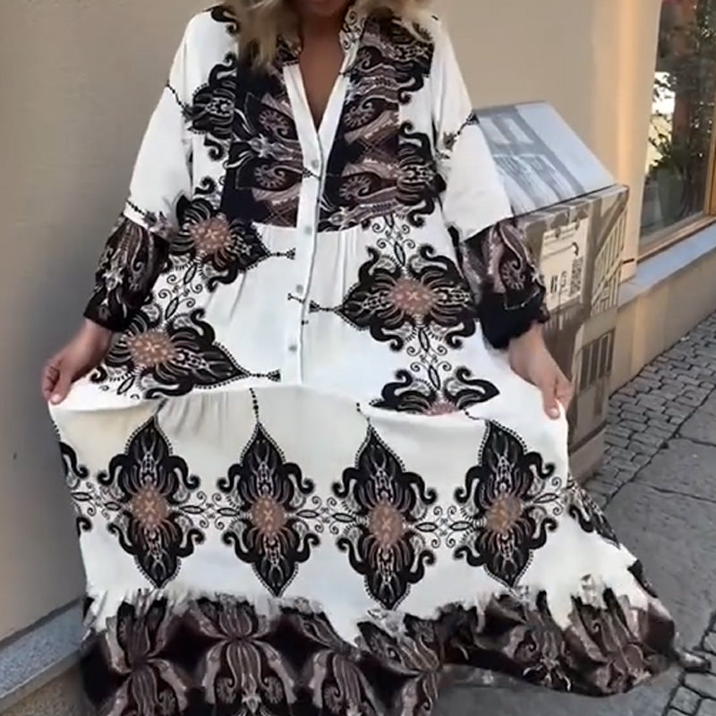 Anirelle™ - Robe femme élégante imprimée ample fluide col V manches évasées