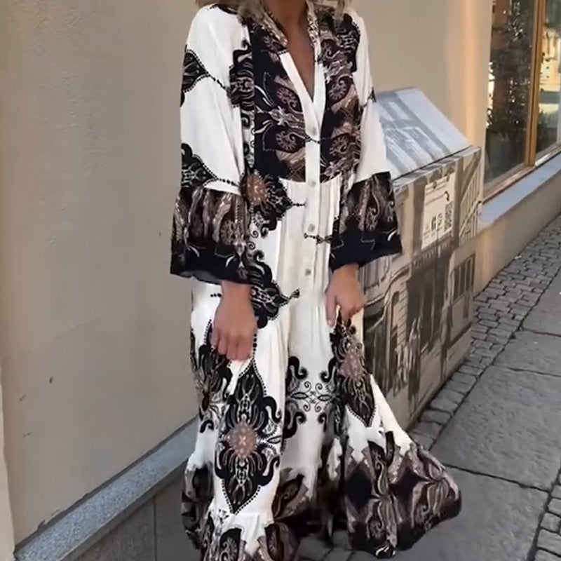 Anirelle™ - Robe femme élégante imprimée ample fluide col V manches évasées