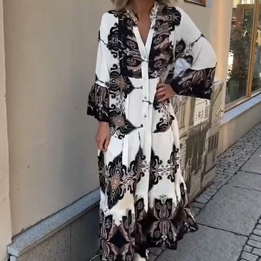 Anirelle™ - Robe femme élégante imprimée ample fluide col V manches évasées