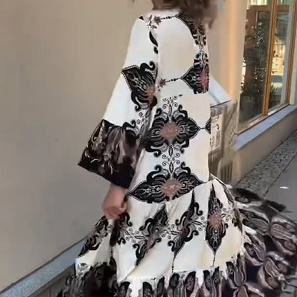 Anirelle™ - Robe femme élégante imprimée ample fluide col V manches évasées