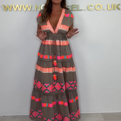 Valeria™ - Robe Sans Manches à Motifs Vintage Rayés avec Décolleté en V
