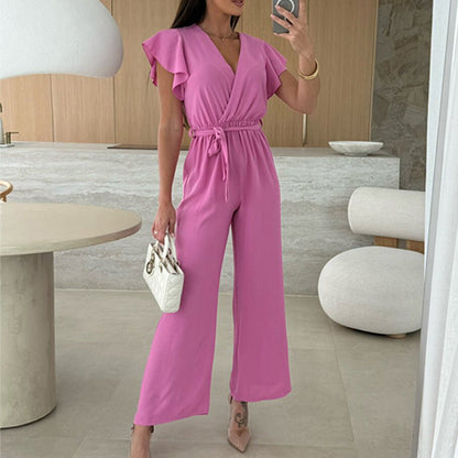 Isolina™ - Combinaison Unie avec Décolleté en V, Manches Volantées et Jambes Larges