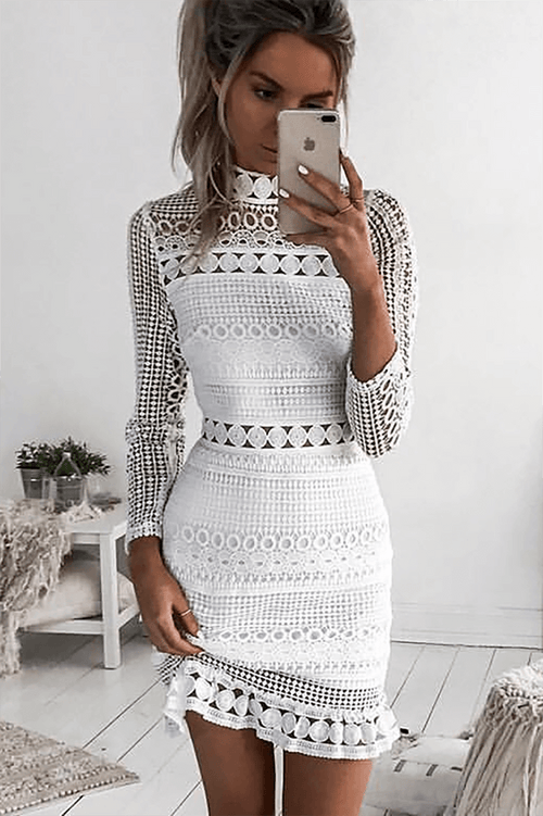 Robe Midi En Dentelle À Manches Longues Et Col Montant Femme